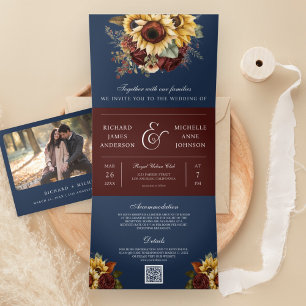 Invitación Tríptica Boho Rosas Borgoña Girasol Azul Marino Código QR B