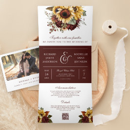 Invitación Tríptica Boho Rosas de Borgoña Sunflowers Boda de código QR