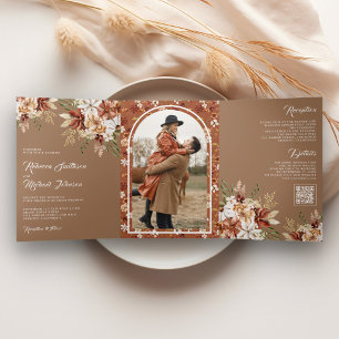 Invitación Tríptica Boho Terracota Floral Flor Silvestre Beige Boda