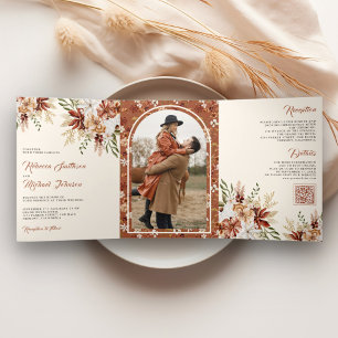Invitación Tríptica Boho Terracota Floral Flores Silvestres Crema Boda