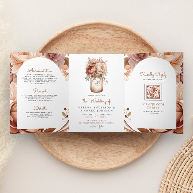 Invitación Tríptica Boho Terracotta Floral Mason Jar QR Code Boda (Subido por el creador)