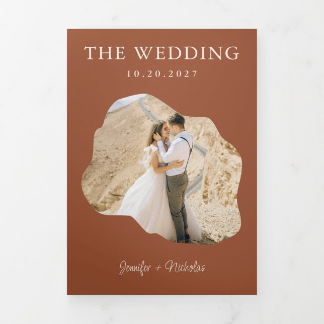 Invitación Tríptica Boho Terracotta Wedding RSVP Detalles del código Q (Foto de portada)