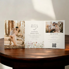 Invitación Tríptica Boho Wildflower Beige todo en un Boda de código QR