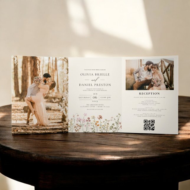 Invitación Tríptica Boho Wildflower Beige todo en un Boda de código QR (Subido por el creador)