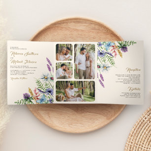 Invitación Tríptica Boho Wildflower Foto Crema Todo en Uno Boda