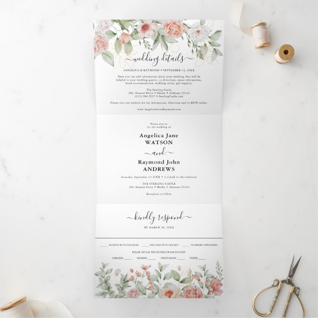 Invitación Tríptica Bonito en Boda Botánica Elegante (Interior)