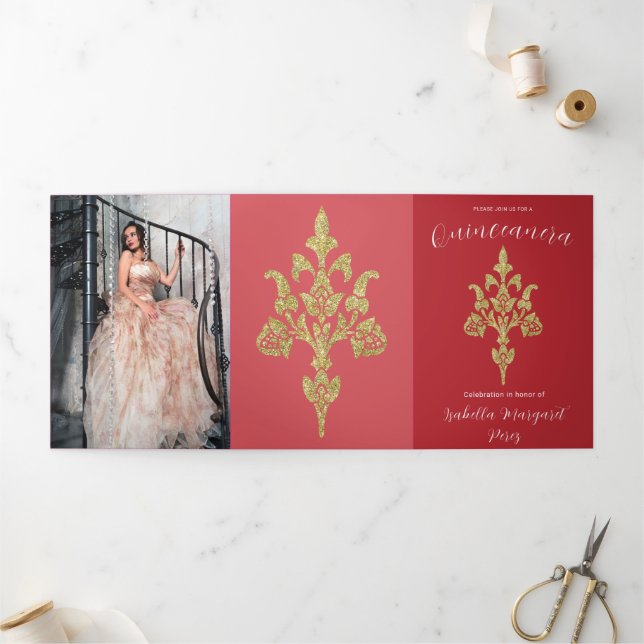 Invitación Tríptica Bonito Purpurina de oro Quinceanera (Exterior)