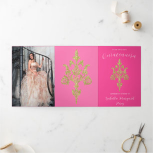 Invitación Tríptica Bonito Purpurina de oro Quinceanera