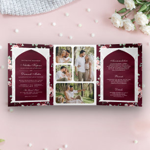Invitación Tríptica Bordado Floral de Borgoña Enterizo para Bodas Indi