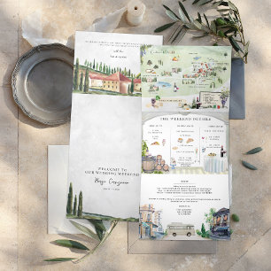 Invitación Tríptica Borgo Corsignano   Boda Ilustrada