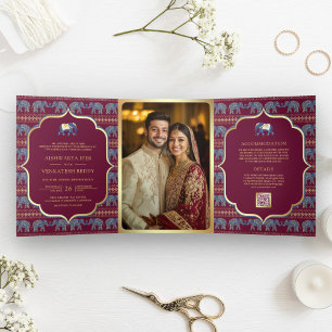 Invitación Tríptica Borgona Azul Marino Dorado Elefante Boda India