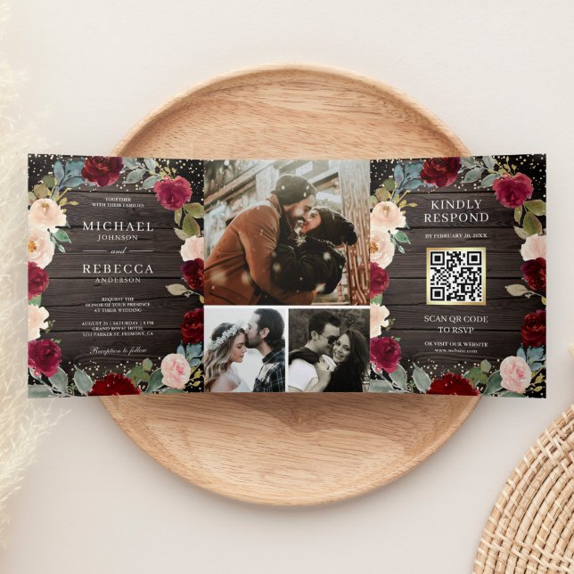 Invitación Tríptica Borgoña Floral QR Código Boda de madera de grano (Subido por el creador)