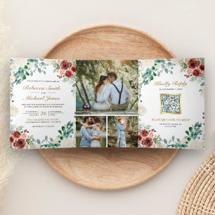 Invitación Tríptica Borgona Marfil Floral Hojas de Salvia Código QR Bo