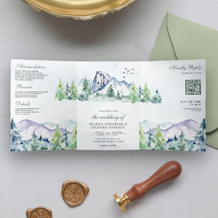 Invitación Tríptica Bosque de árboles de pino de montaña rústica códig