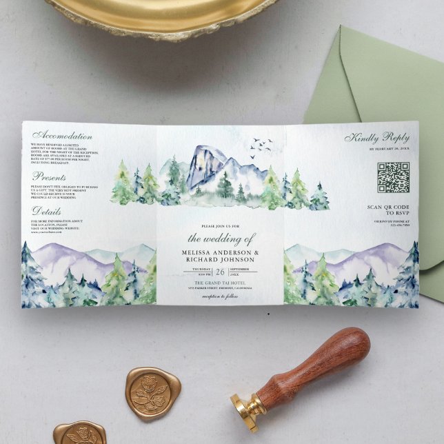 Invitación Tríptica Bosque de árboles de pino de montaña rústica códig (Subido por el creador)