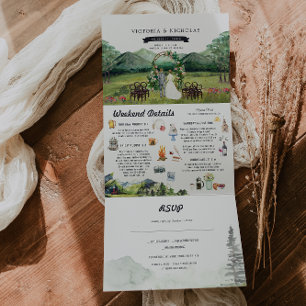Invitación Tríptica Bosque Río de Montaña Rústico   Boda Ilustrada