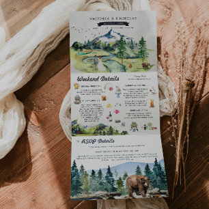 Invitación Tríptica Bosque Río de Montaña Rústico Boda Ilustrada