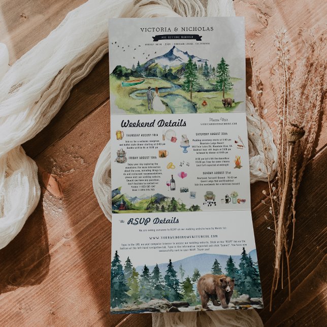 Invitación Tríptica Bosque Río de Montaña Rústico | Boda Ilustrada (Subido por el creador)