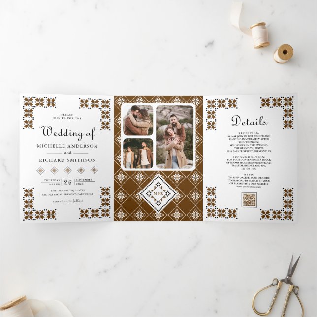 Invitación Tríptica Brown Black Ukrainian Embroidery QR Code Wedding (Interior)