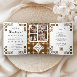 Invitación Tríptica Brown Black Ukrainian Embroidery QR Code Wedding