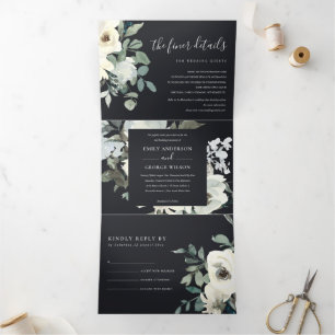 Invitación Tríptica Bunch de color de marfil blanco floral negro
