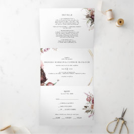 Invitación Tríptica Burgundy Boho Boda Floral Todo en un triple