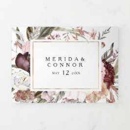 Invitación Tríptica Burgundy Boho Boda Floral Todo en un triple