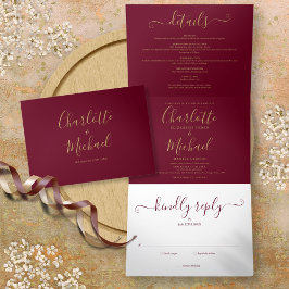 Invitación Tríptica Burgundy Elegant Gold Script Photo Boda
