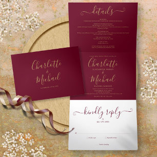 Invitación Tríptica Burgundy Elegant Gold Script Photo Boda