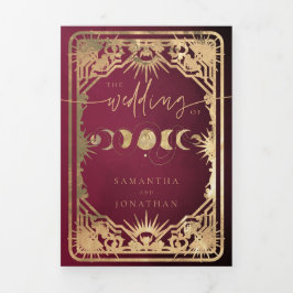 Invitación Tríptica Burgundy & Faux Gold Tarot Celestial Wedding