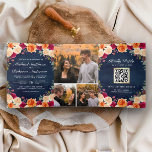 Invitación Tríptica Burgundy Floral Naranja Quemada Código QR Naval Bo