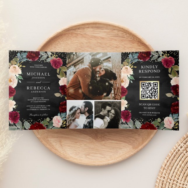 Invitación Tríptica Burgundy Floral QR Code Boda negro (Subido por el creador)