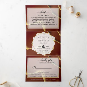 Invitación Tríptica Burgundy Gold 🌿 elegante Boda abstracto