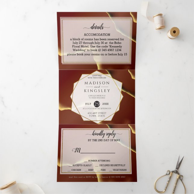 Invitación Tríptica Burgundy Gold 🌿 elegante Boda abstracto (Interior)