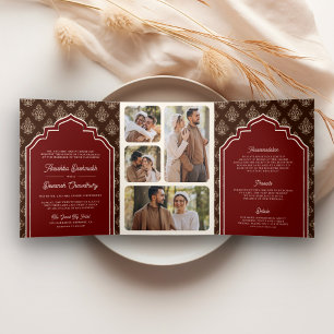 Invitación Tríptica Burgundy Marrón Ikat Foto Collage Boda India