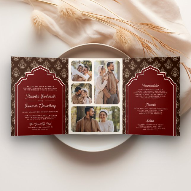 Invitación Tríptica Burgundy Marrón Ikat Foto Collage Boda India (Subido por el creador)