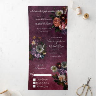 Invitación Tríptica Burgundy Master Holandés Floral Dark & Moody Boda