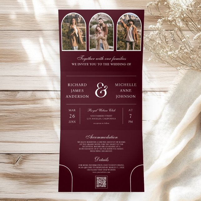 Invitación Tríptica Burgundy Minimal Arch Photo QR code Wedding (Subido por el creador)