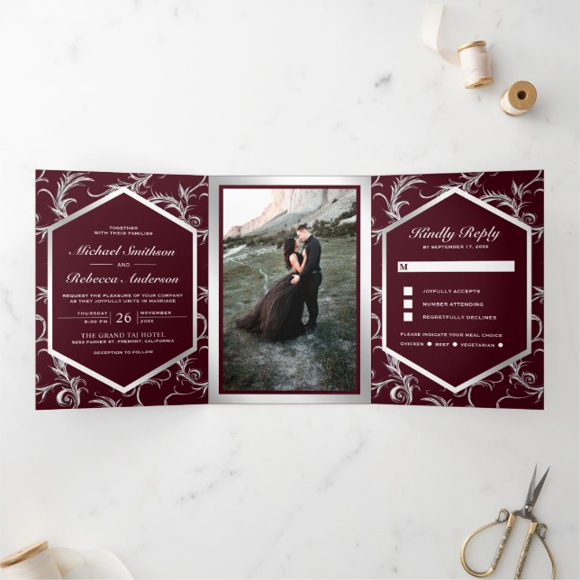 Invitación Tríptica Burgundy Silver Flourish Swirl Wedding Photo (Interior)