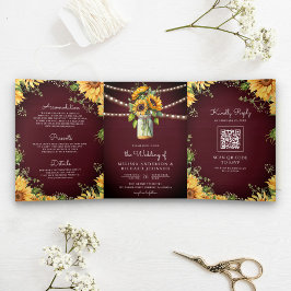 Invitación Tríptica Burgundy Sunflowers Mason Jar QR Code Boda