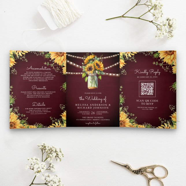 Invitación Tríptica Burgundy Sunflowers Mason Jar QR Code Boda (Subido por el creador)