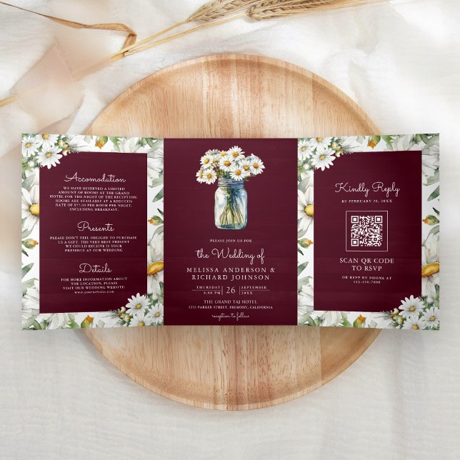 Invitación Tríptica Burgundy Wood Daisies Mason Jar QR Code Wedding (Subido por el creador)