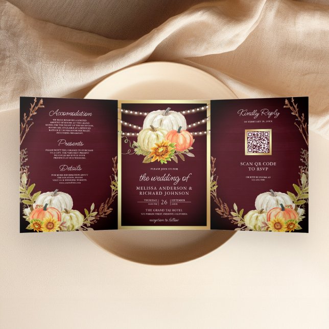 Invitación Tríptica Burgundy Wood Sunflower Calabaza QR Código Boda (Subido por el creador)