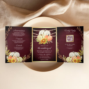 Invitación Tríptica Burgundy Wood Sunflower Calabaza QR Código Boda