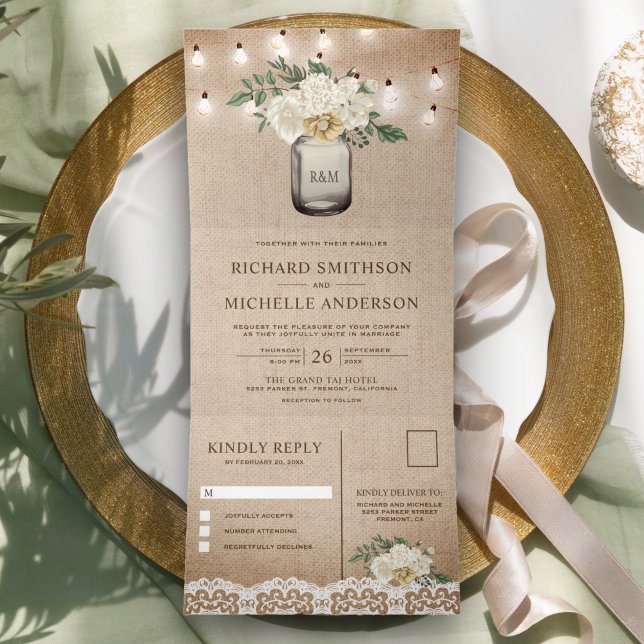 Invitación Tríptica Burlap Ivory Floral Mason Jar String Boda ligero (Subido por el creador)