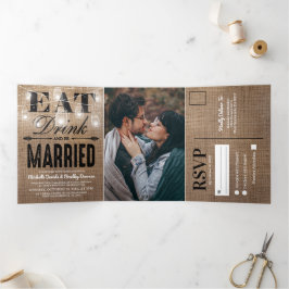 Invitación Tríptica Burlap Mason Jar ruso todo en un Boda