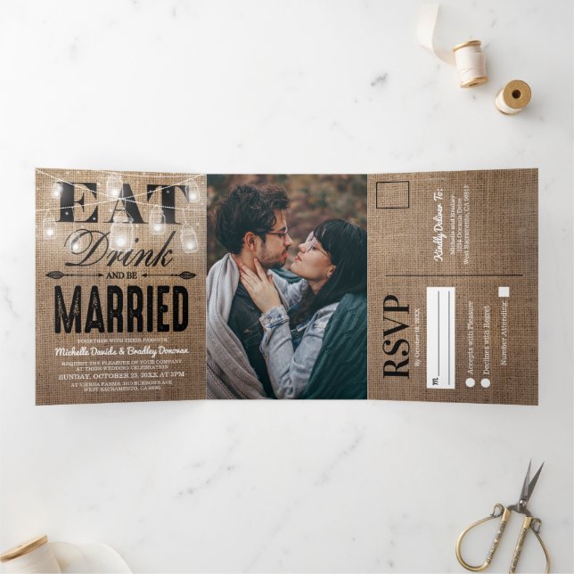 Invitación Tríptica Burlap Mason Jar ruso todo en un Boda (Interior)