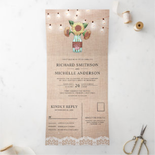 Invitación Tríptica Burlap Sunflower Mason Jar String Luces Boda