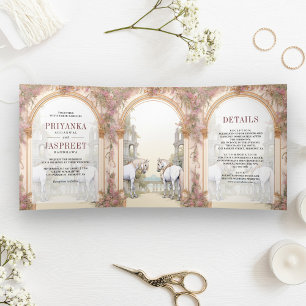 Invitación Tríptica Caballos de Cuento de Hadas Palacio Indio Antiguo 