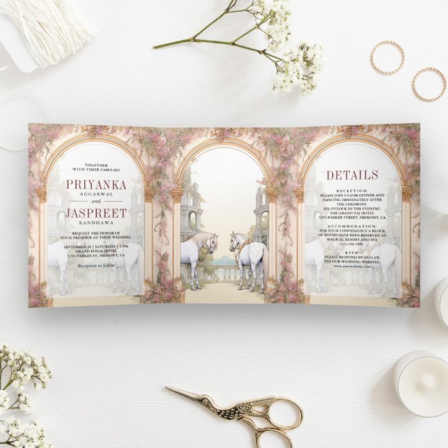 Invitación Tríptica Caballos de Cuento de Hadas Palacio Indio Antiguo  (Subido por el creador)
